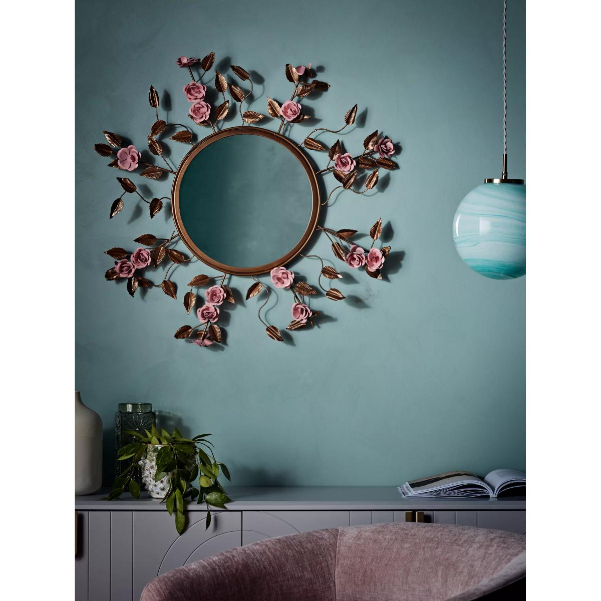 John Lewis + Matthew Williamson Shaped Roses Round Wall Mirror, 90cm, Gold/Pink – image 2