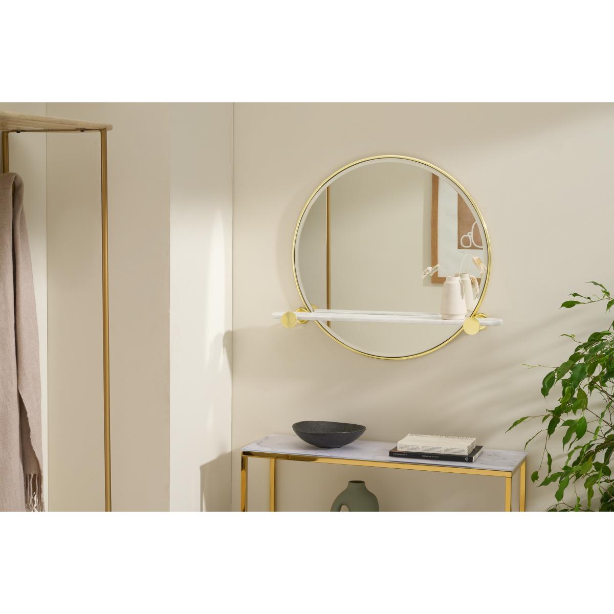 Sakari Round Wall Mirror with Marble Shelf, Brass – image 4