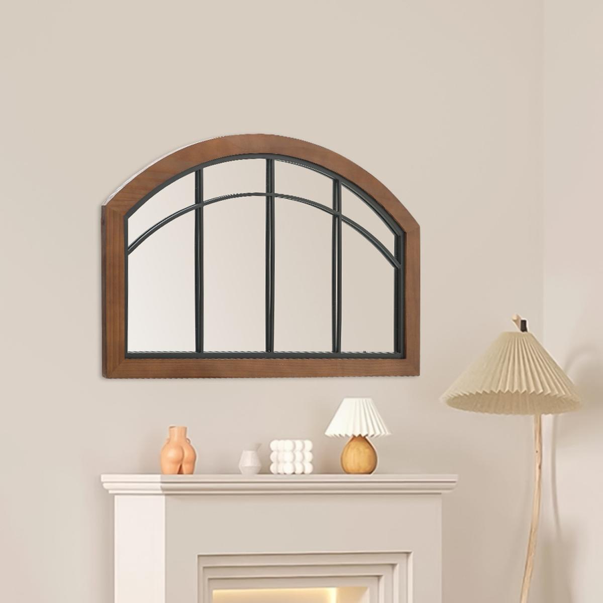 Retro Window Style Arched Glass Wall Mirror With Wooden Frame Hallway Decor - Brown – image 7