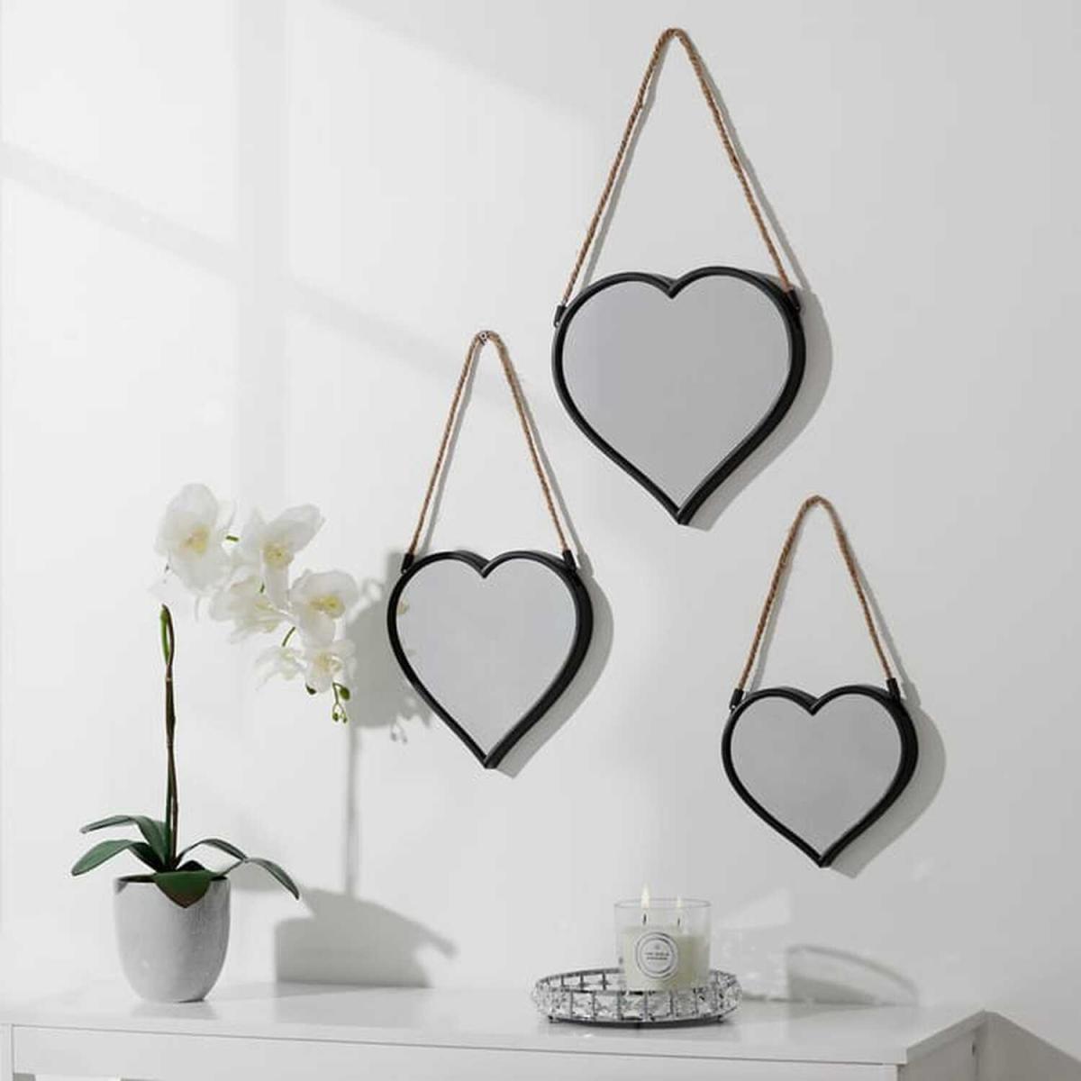 Set Of 3 Rope Hanging Heart Mirror - Black