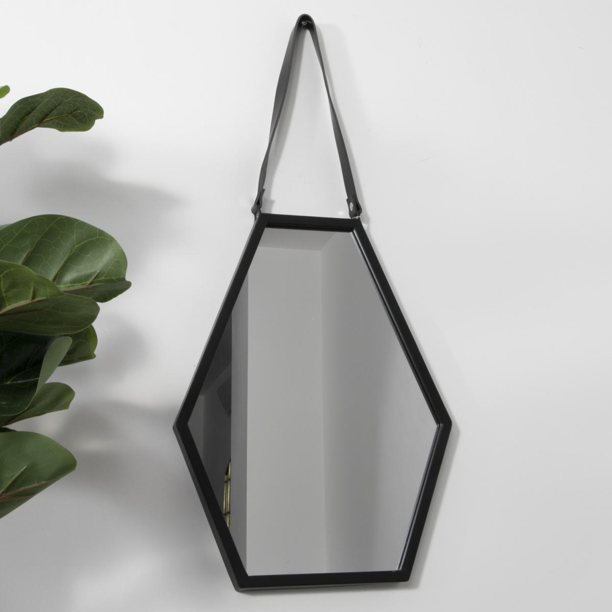 Hexagon Black Metal Mirror with Leather Strap - Black – image 2