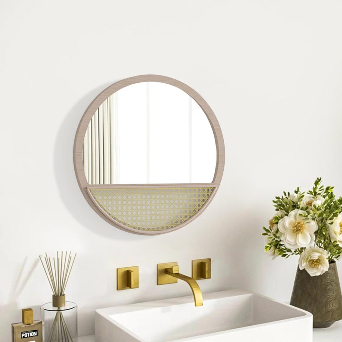 Retro Round Cosmetic Wall Mirror With Handmade Rattan Frame Home Decor - Brown – image 6
