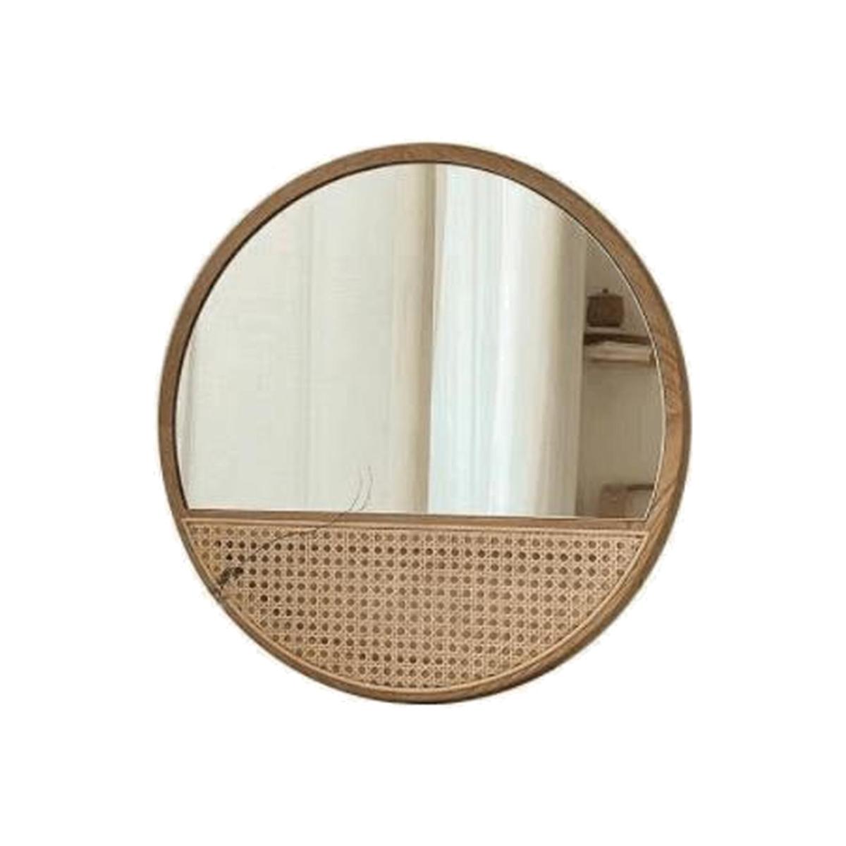 Retro Round Cosmetic Wall Mirror With Handmade Rattan Frame Home Decor - Brown – image 1