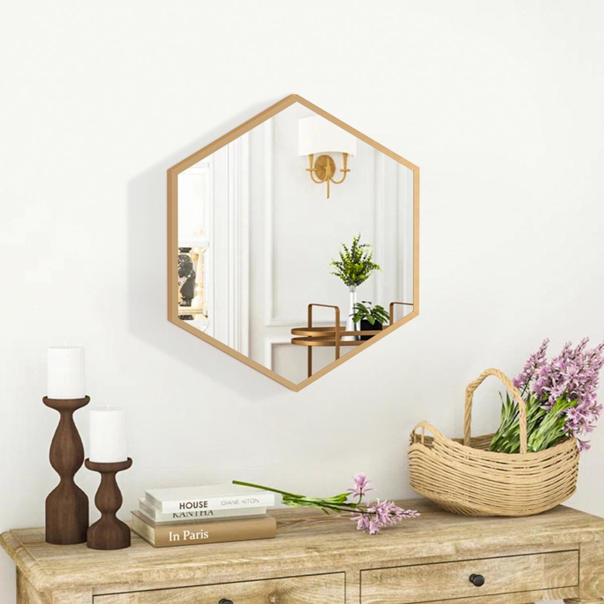 Bathroom Hexagon Glass Wall Mirror Self-adhesive With Metal Frame - Golden – image 14