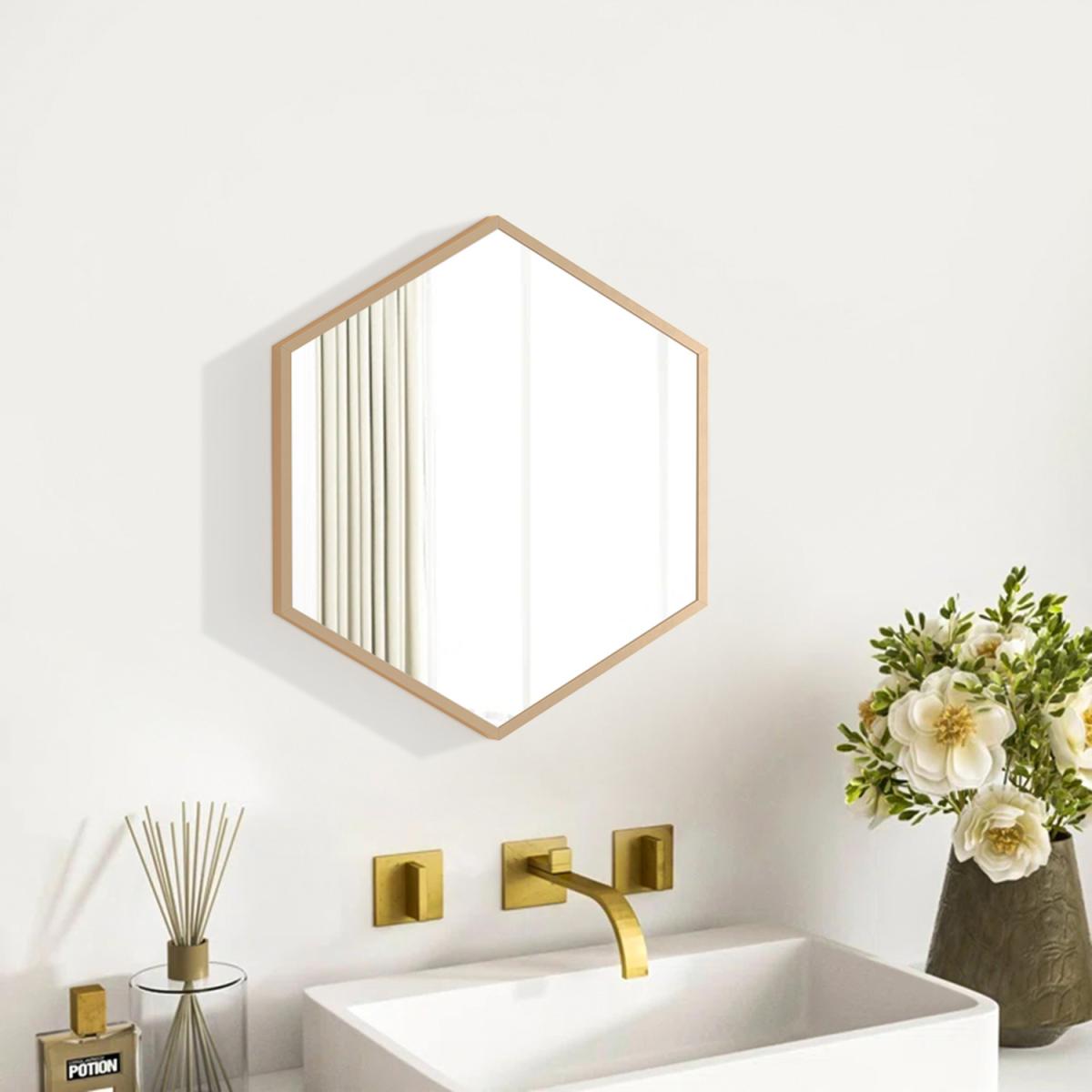 Bathroom Hexagon Glass Wall Mirror Self-adhesive With Metal Frame - Golden – image 15