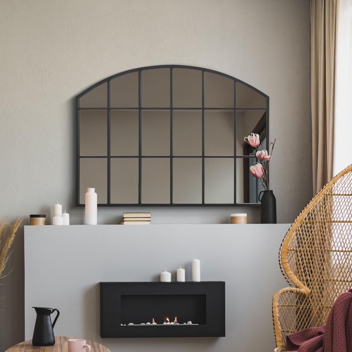 Arcus Overmantle Window Framed Arched Wall Mirror - Black / 65cm
