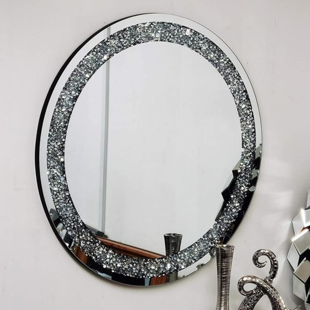 80CM Round Large Jewel Wall Mirror Loose Diamante - Silver