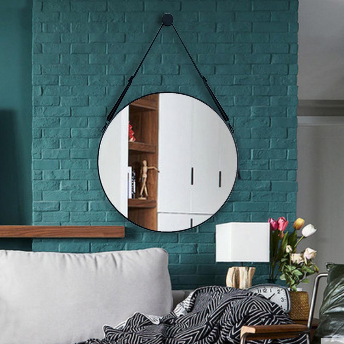 Nordic Round Hanging Wall Mirror Leather Strap Adjustable Home Decor - Black / 60cm – image 11