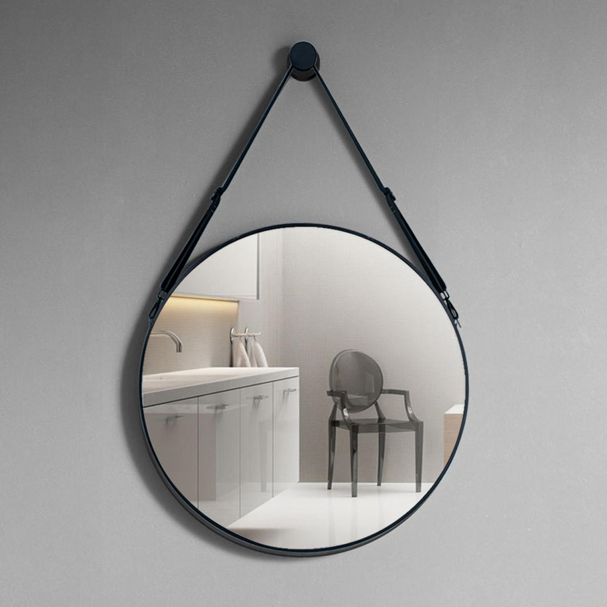 Nordic Round Hanging Wall Mirror Leather Strap Adjustable Home Decor - Black / 60cm – image 12