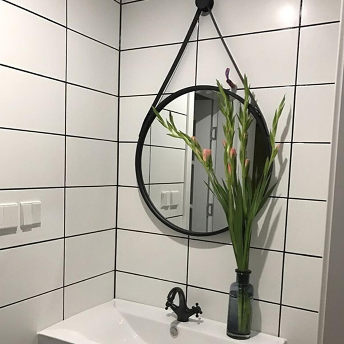 Nordic Round Hanging Wall Mirror Leather Strap Adjustable Home Decor - Black / 60cm – image 13