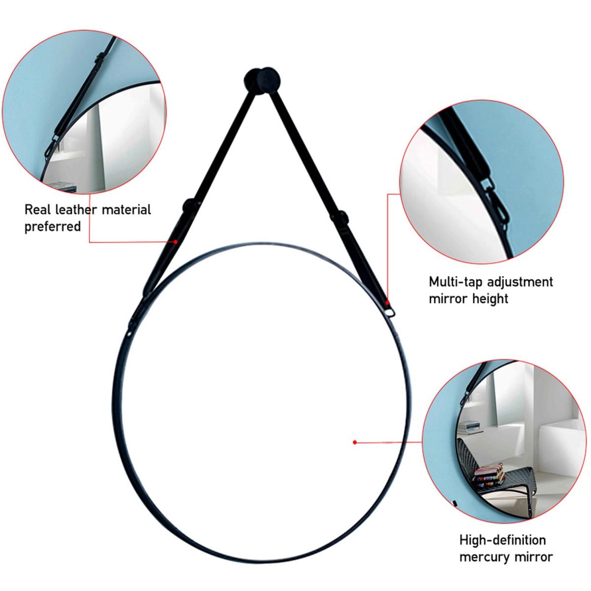 Nordic Round Hanging Wall Mirror Leather Strap Adjustable Home Decor - Black / 60cm – image 7