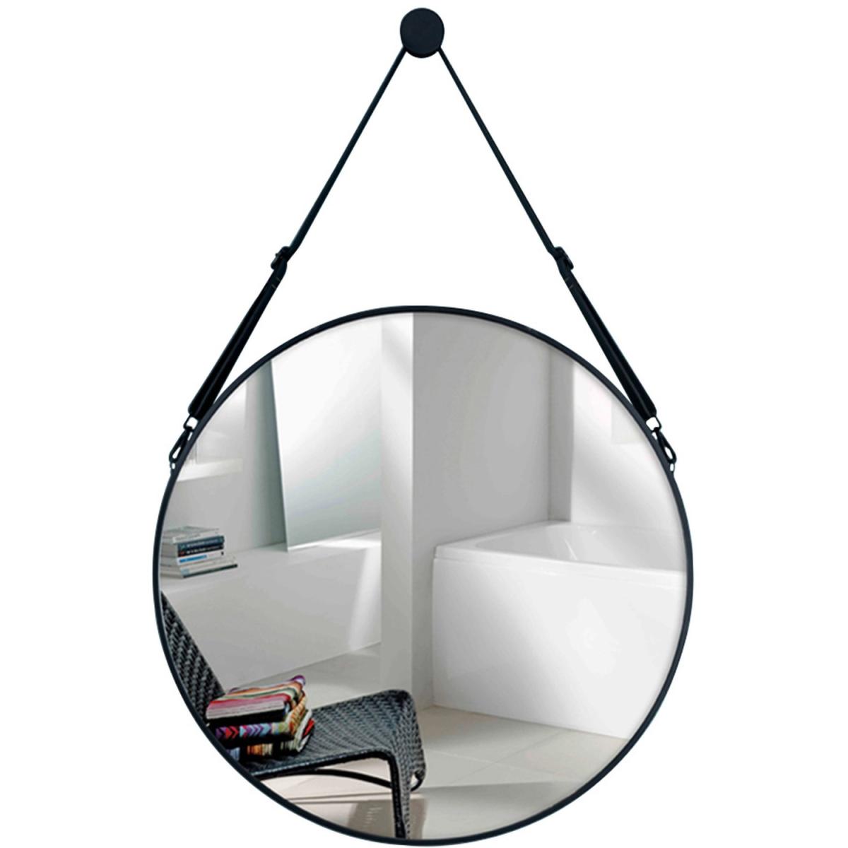 Nordic Round Hanging Wall Mirror Leather Strap Adjustable Home Decor - Black / 60cm – image 8