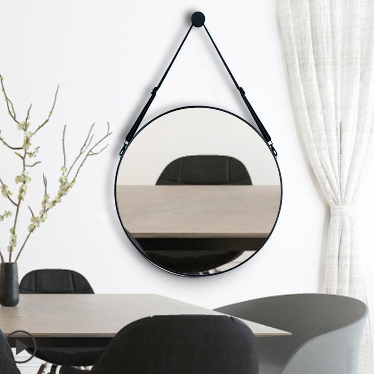 Nordic Round Hanging Wall Mirror Leather Strap Adjustable Home Decor - Black / 60cm – image 9