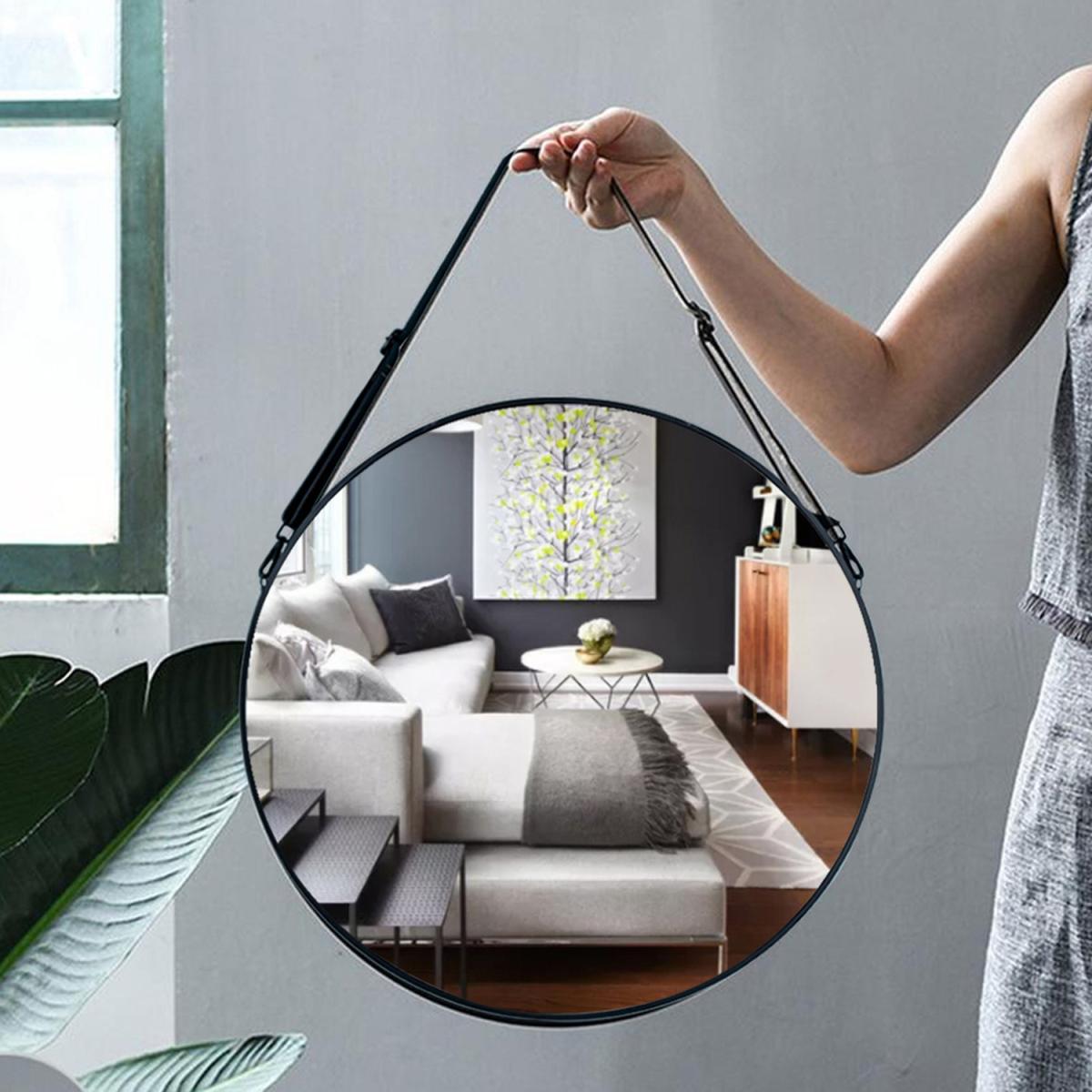 Nordic Round Hanging Wall Mirror Leather Strap Adjustable Home Decor - Black / 60cm – image 10