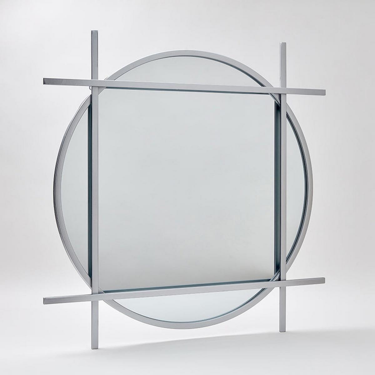 Round Mirror With Geometric Square Frame in Silver Grey – image 1