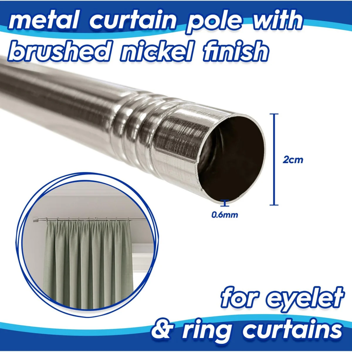 Extendable Metal Ball Curtain Pole Kit - Pack of 2 - Brushed Nickel / 150cm – image 3