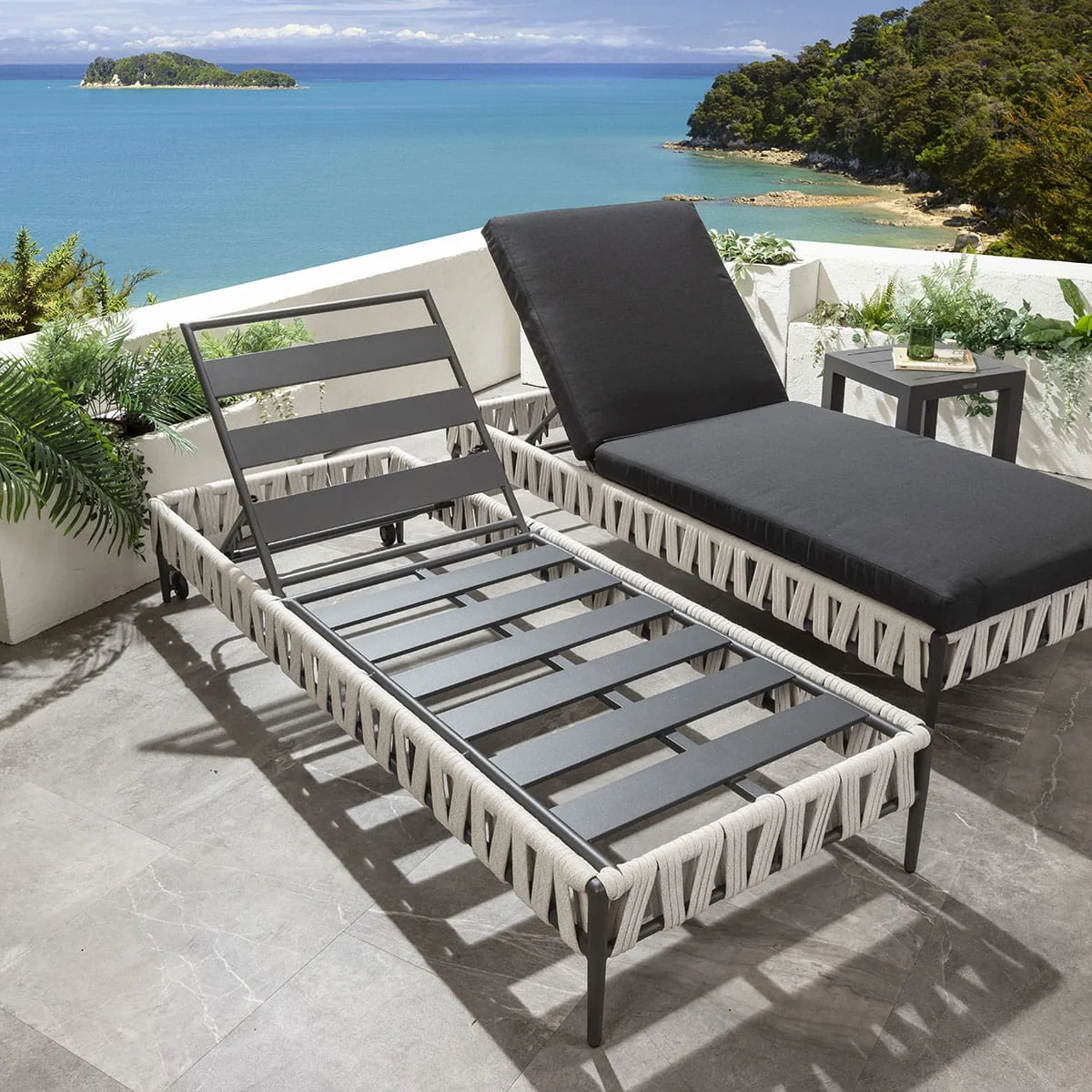Set of 2 Modern Outdoor Garden Sun Loungers Light Grey Rope 200x77cm – image 3