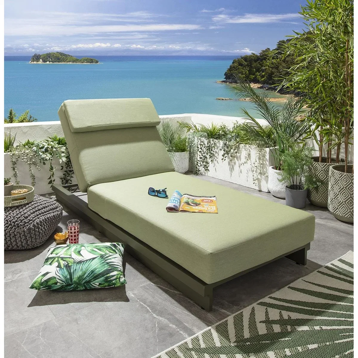 Modern Garden Cushioned Sun Lounger Outdoor Aluminium Green 200x78cm – image 2