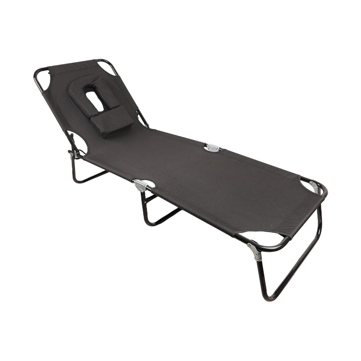 Garden sun lounger with Padded Headrest and Face Hole - Black