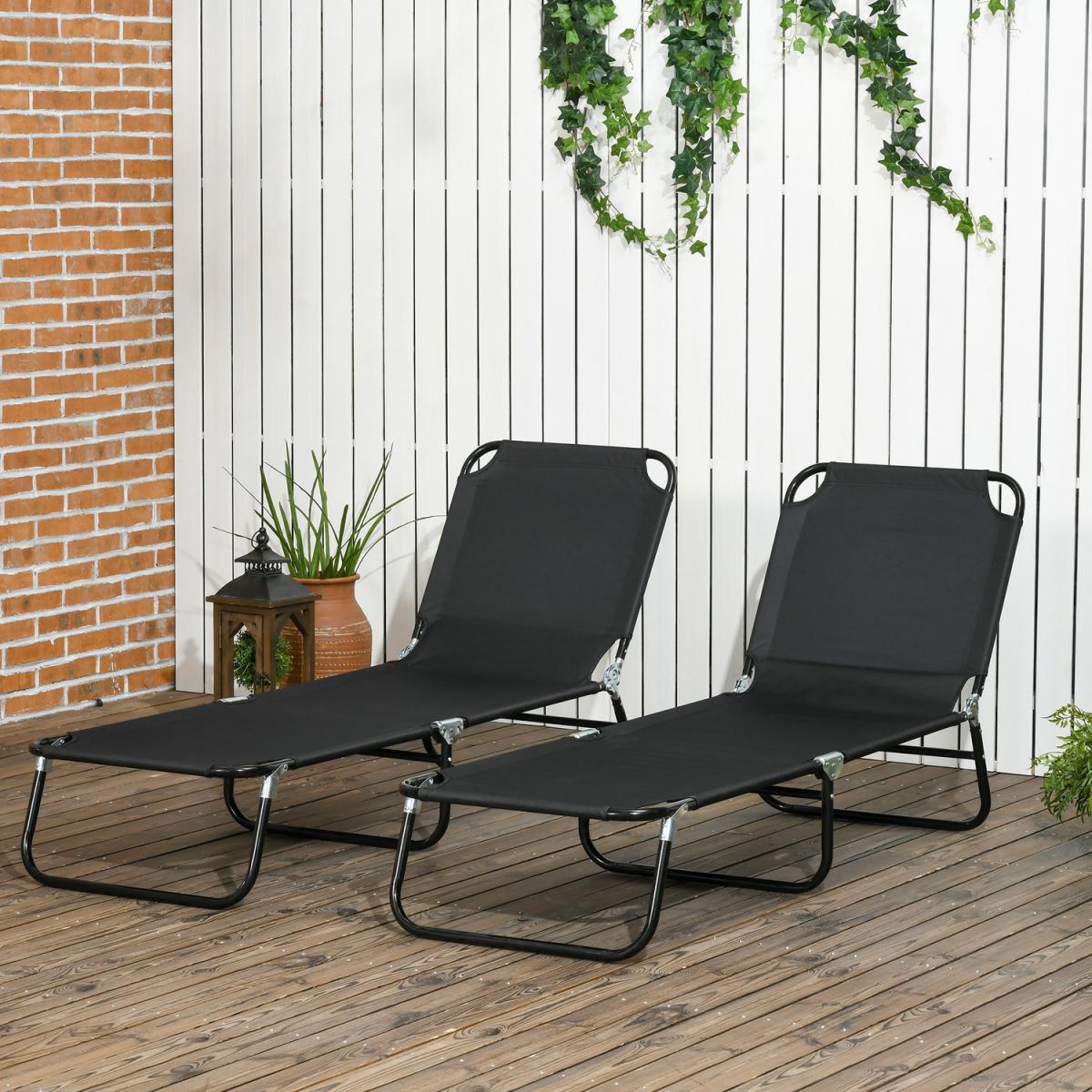 Set of Two Folding Sun Loungers with Adjustable Backrest - Black