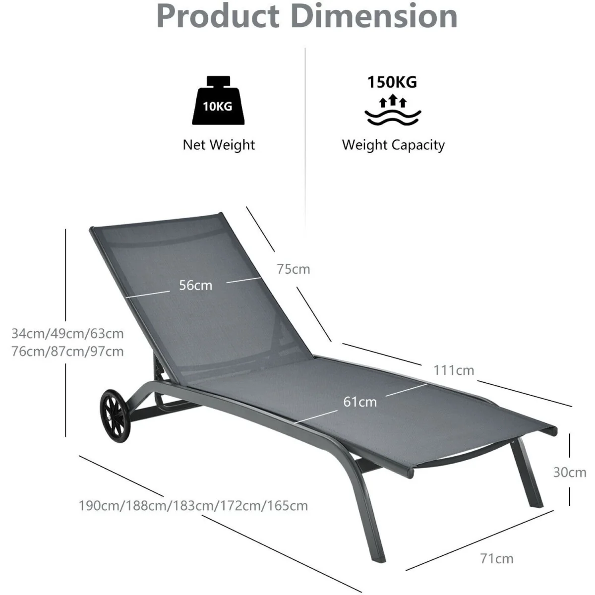 6-Position Garden Sun Chaise Lounger - Gray – image 2