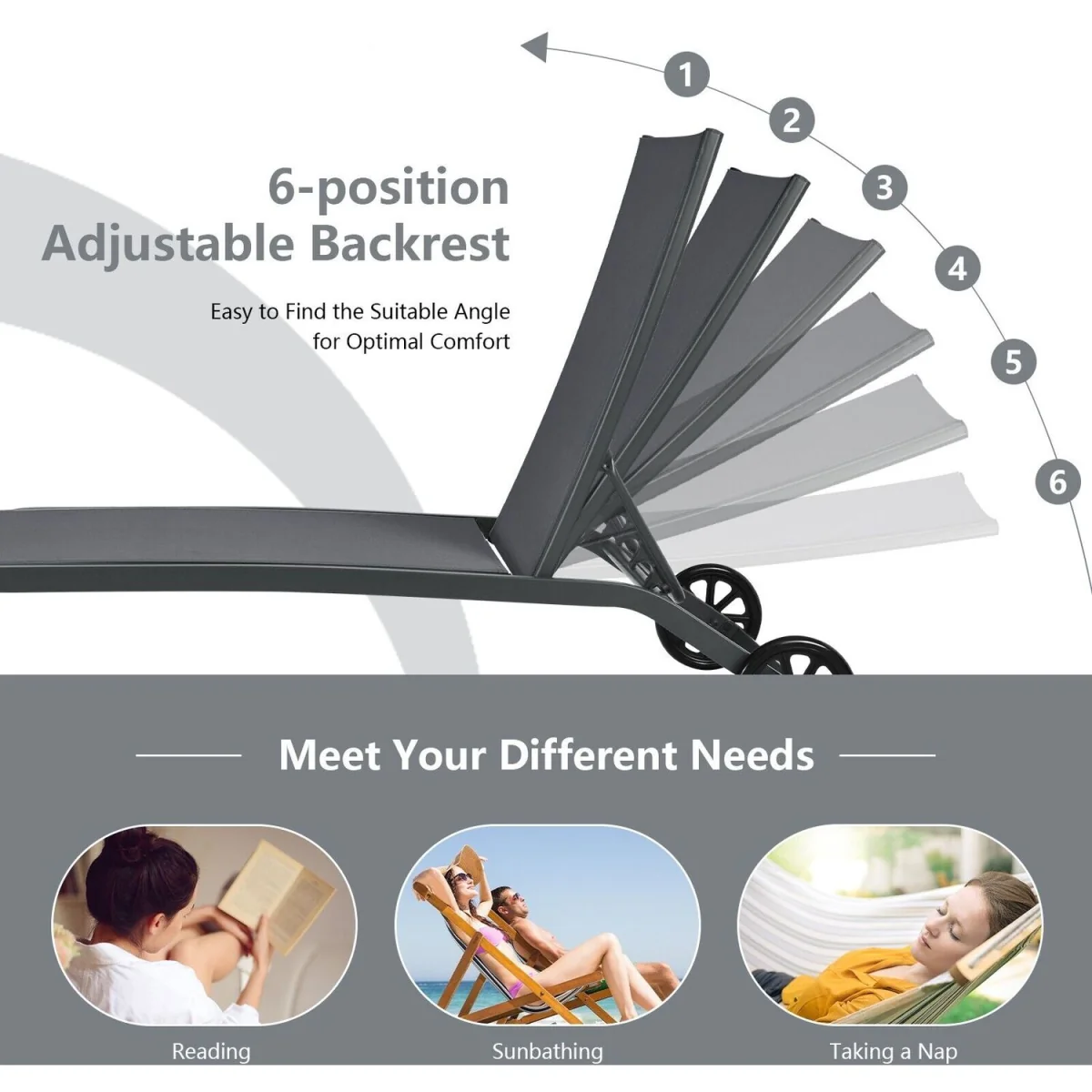 6-Position Garden Sun Chaise Lounger - Gray – image 5
