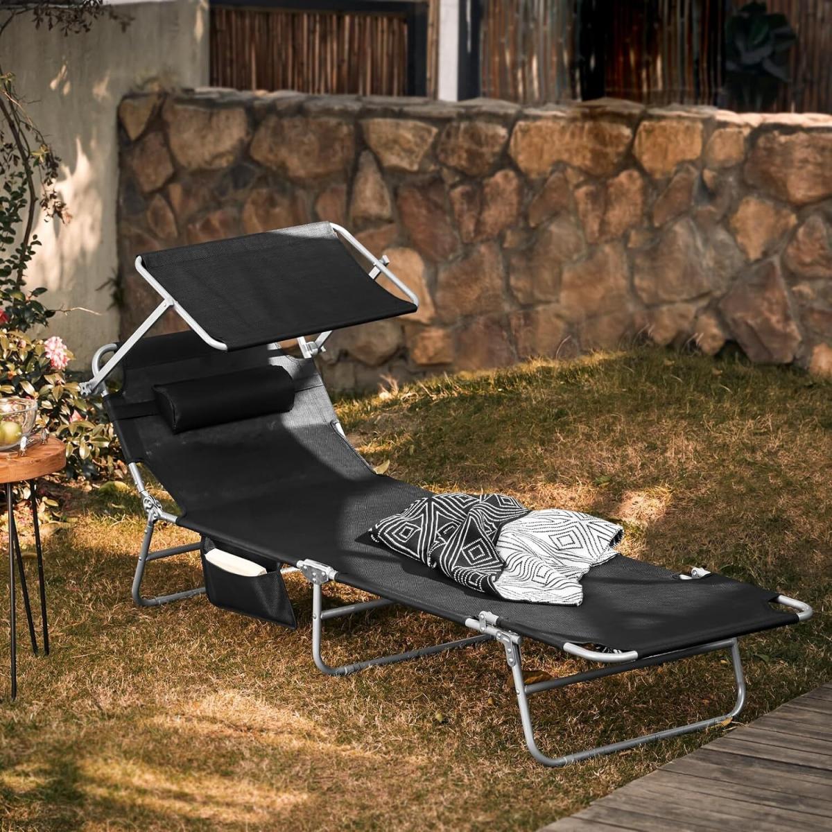 Folding Sunlounger with Sun Shade - Black / 2