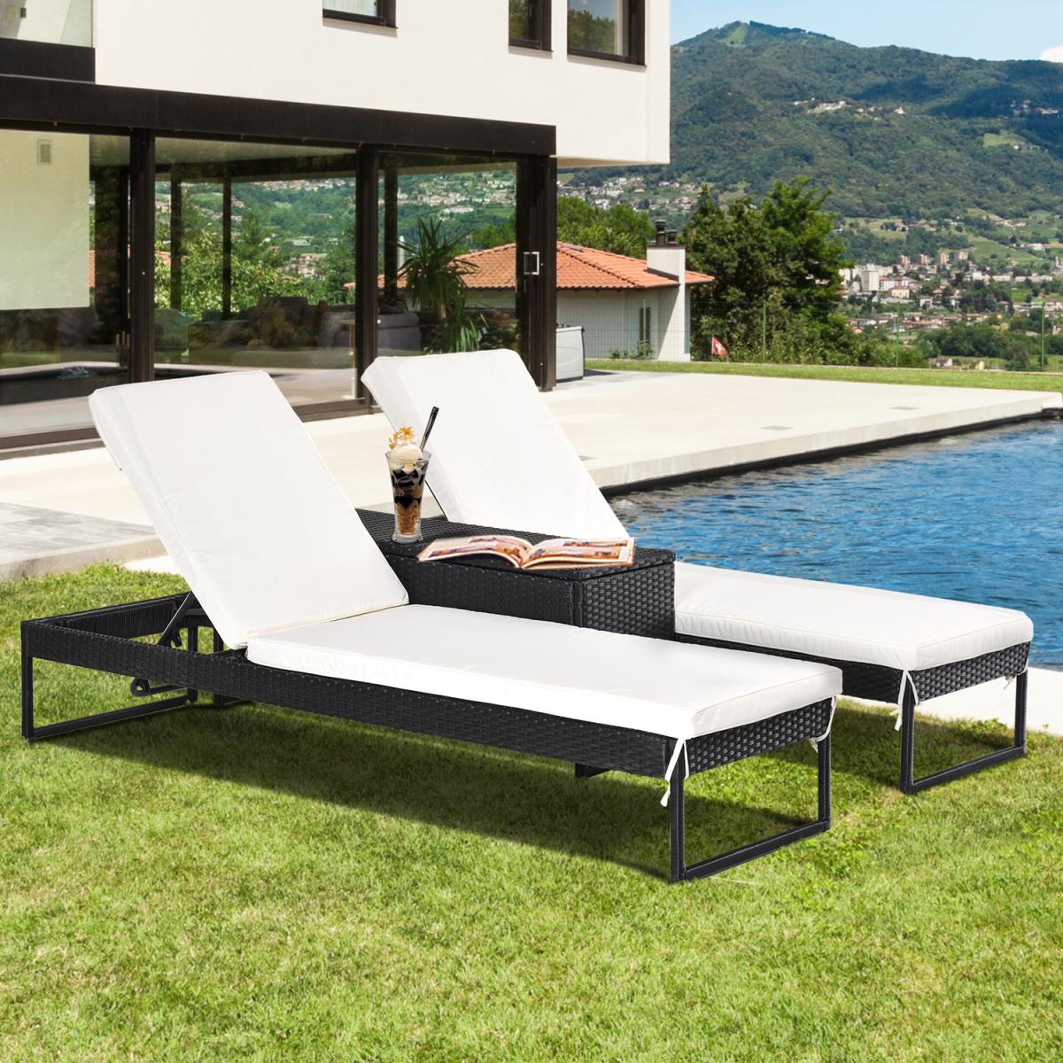 3 Piece Rattan Lounger Table Set - Black and Cream White – image 1