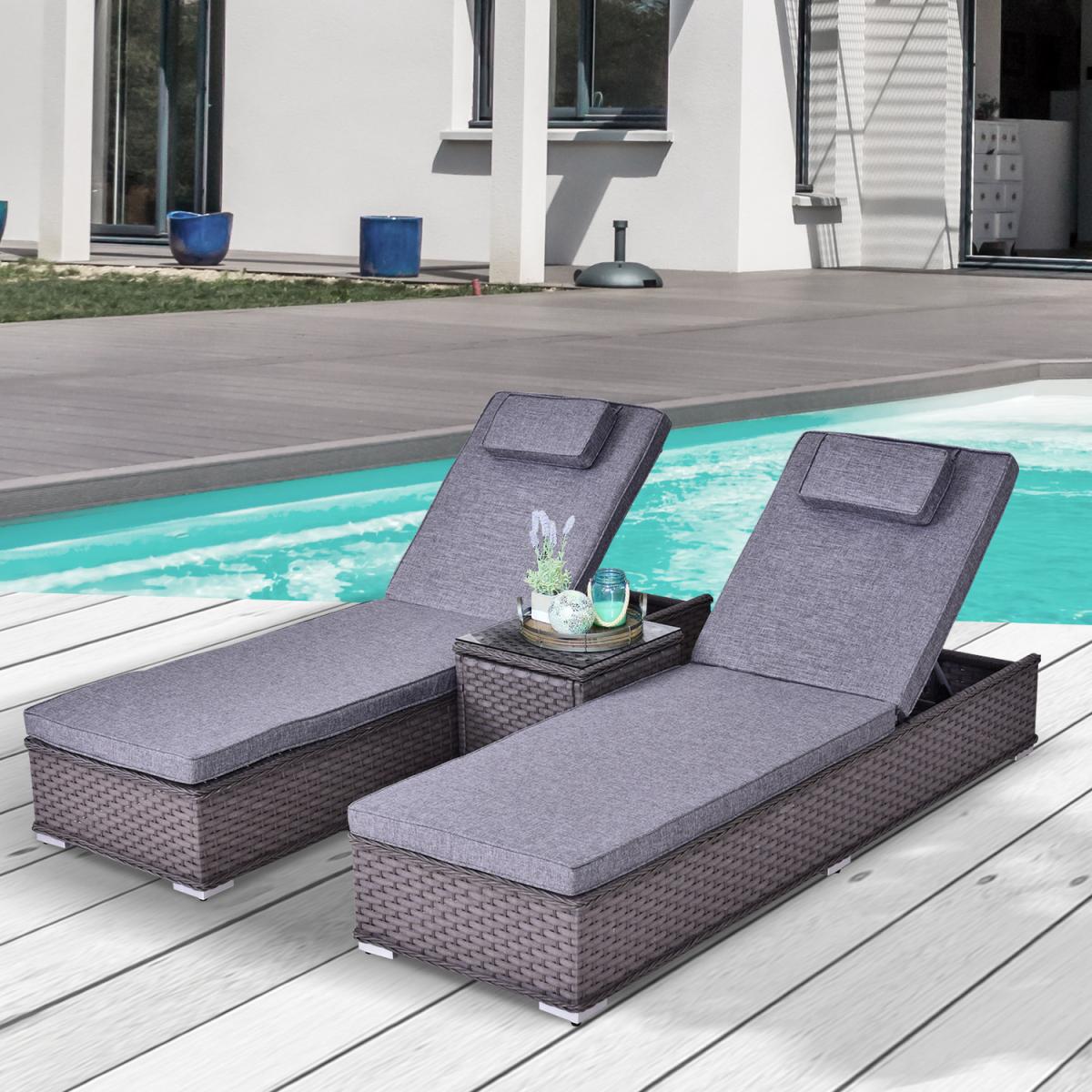 3 Piece Sun Lounger Rattan Furniture Set - Dark Grey – image 2