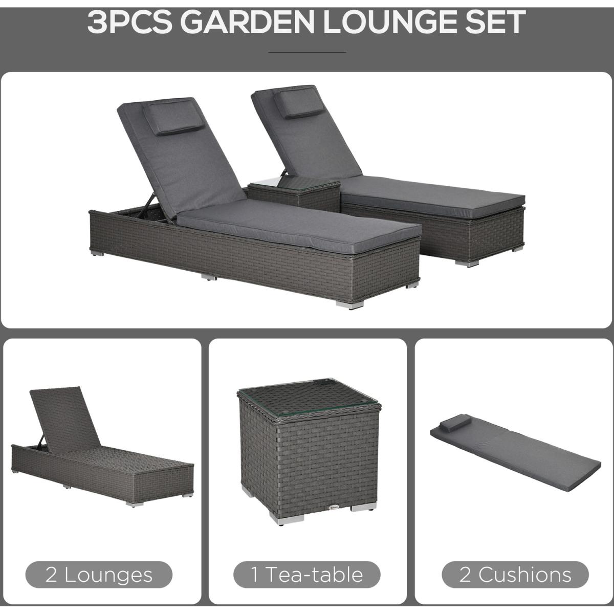 3 Piece Sun Lounger Rattan Furniture Set - Dark Grey – image 14