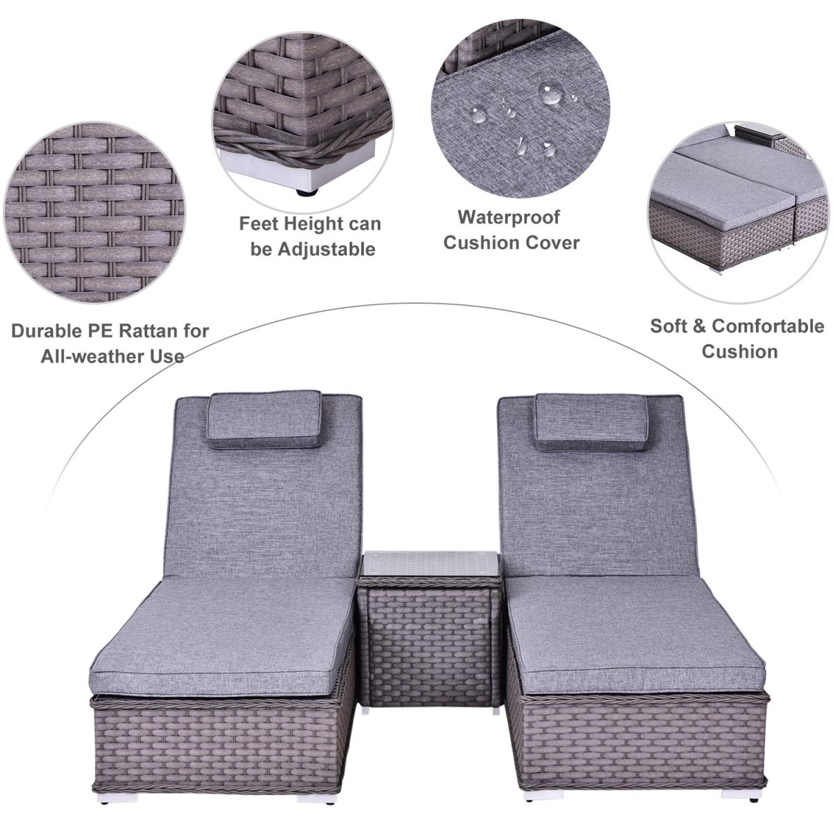 3 Piece Sun Lounger Rattan Furniture Set - Dark Grey – image 3