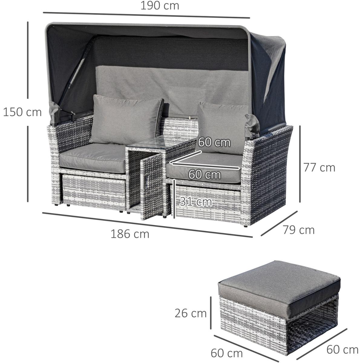 3 Piece Outdoor Rattan Daybed Sofa with Table Set - Grey – image 2
