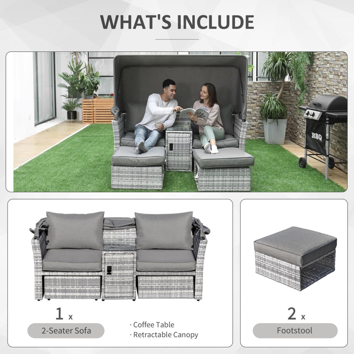 3 Piece Outdoor Rattan Daybed Sofa with Table Set - Grey – image 4