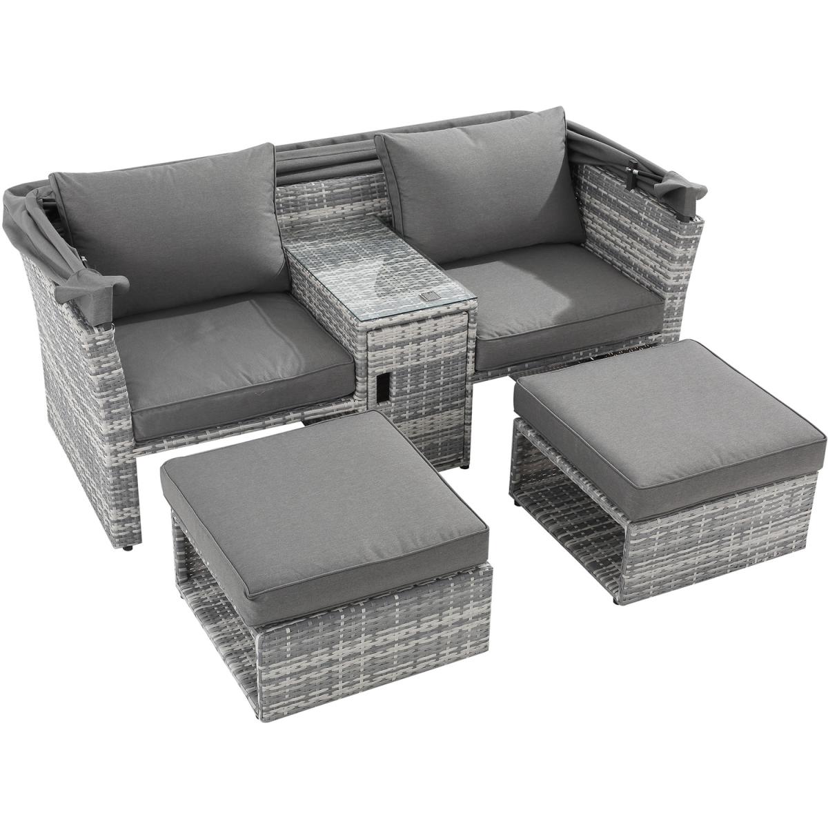 3 Piece Outdoor Rattan Daybed Sofa with Table Set - Grey – image 7