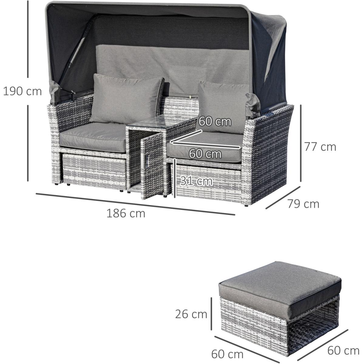 3 Piece Outdoor Rattan Daybed Sofa with Table Set - Grey – image 8