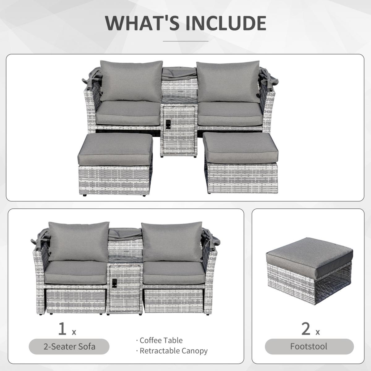 3 Piece Outdoor Rattan Daybed Sofa with Table Set - Grey – image 9