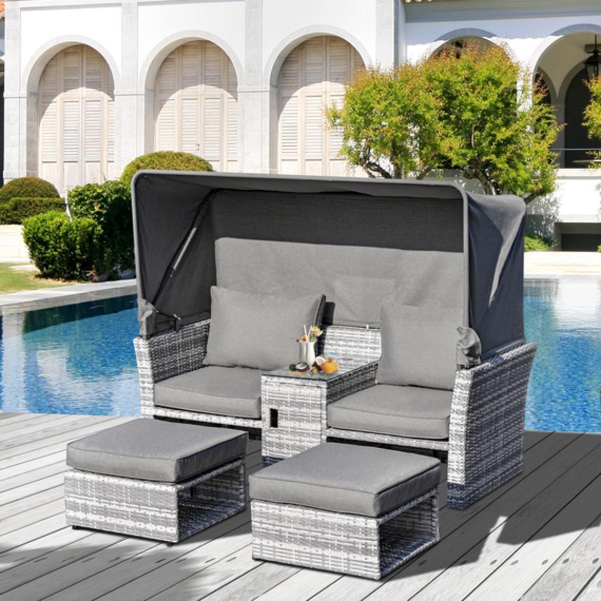 3 Piece Outdoor Rattan Daybed Sofa with Table Set - Grey – image 1