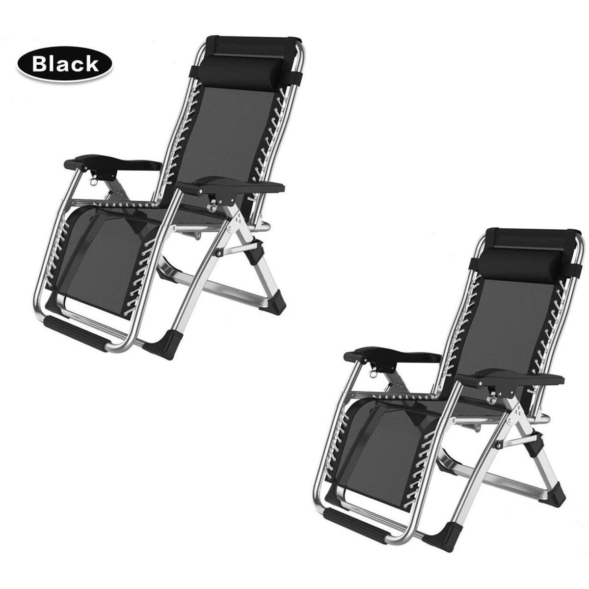2X Black Zero Gravity Sun Lounger Chair Set Cup Holder - Black – image 4