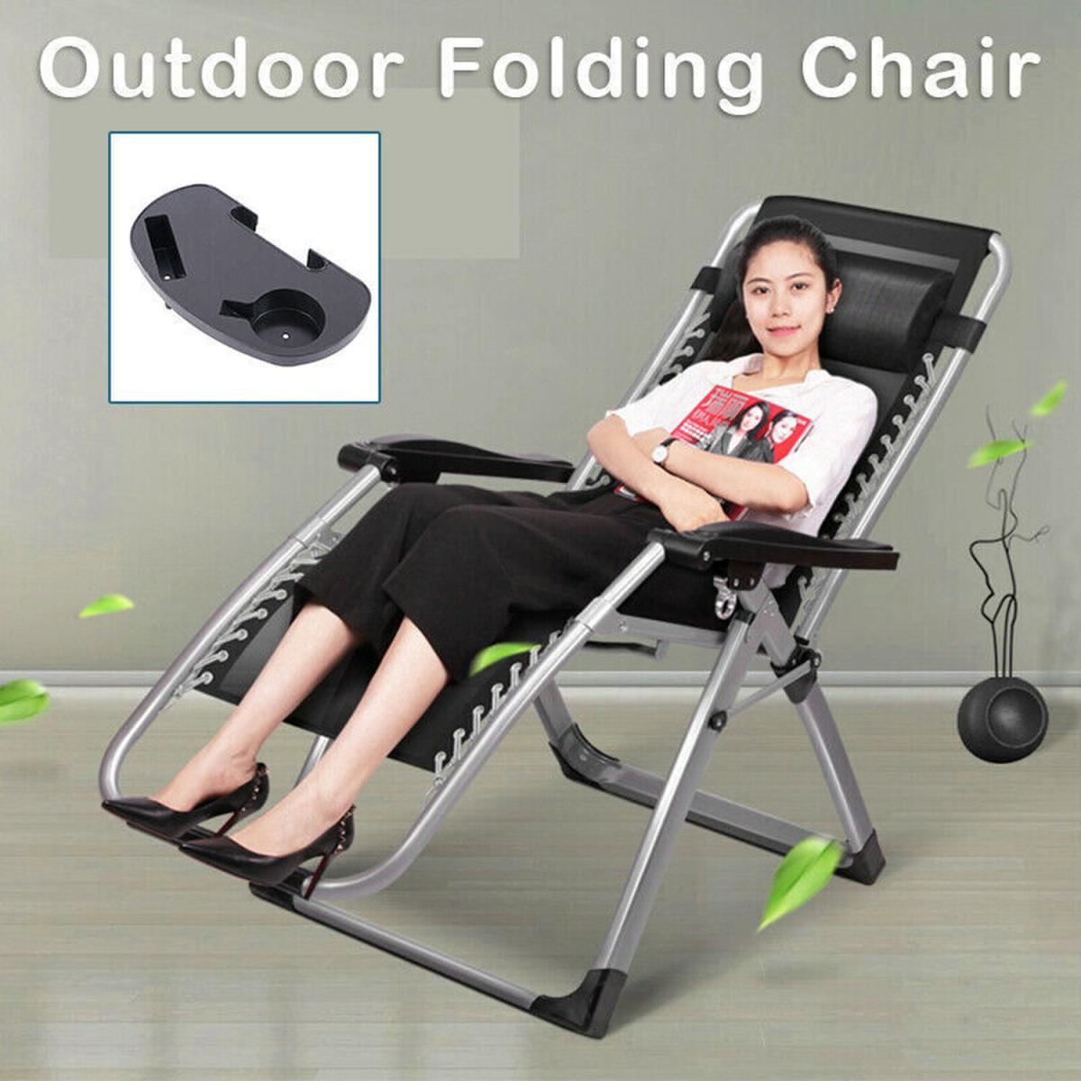 2X Black Zero Gravity Sun Lounger Chair Set Cup Holder - Black – image 7