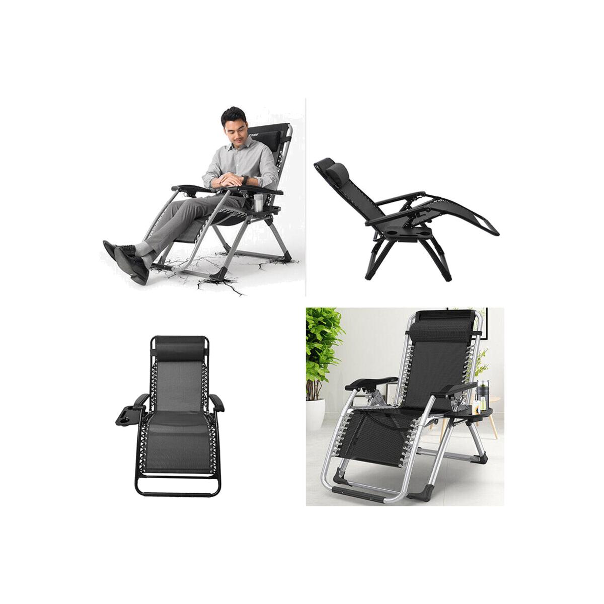 2X Black Zero Gravity Sun Lounger Chair Set Cup Holder - Black – image 1