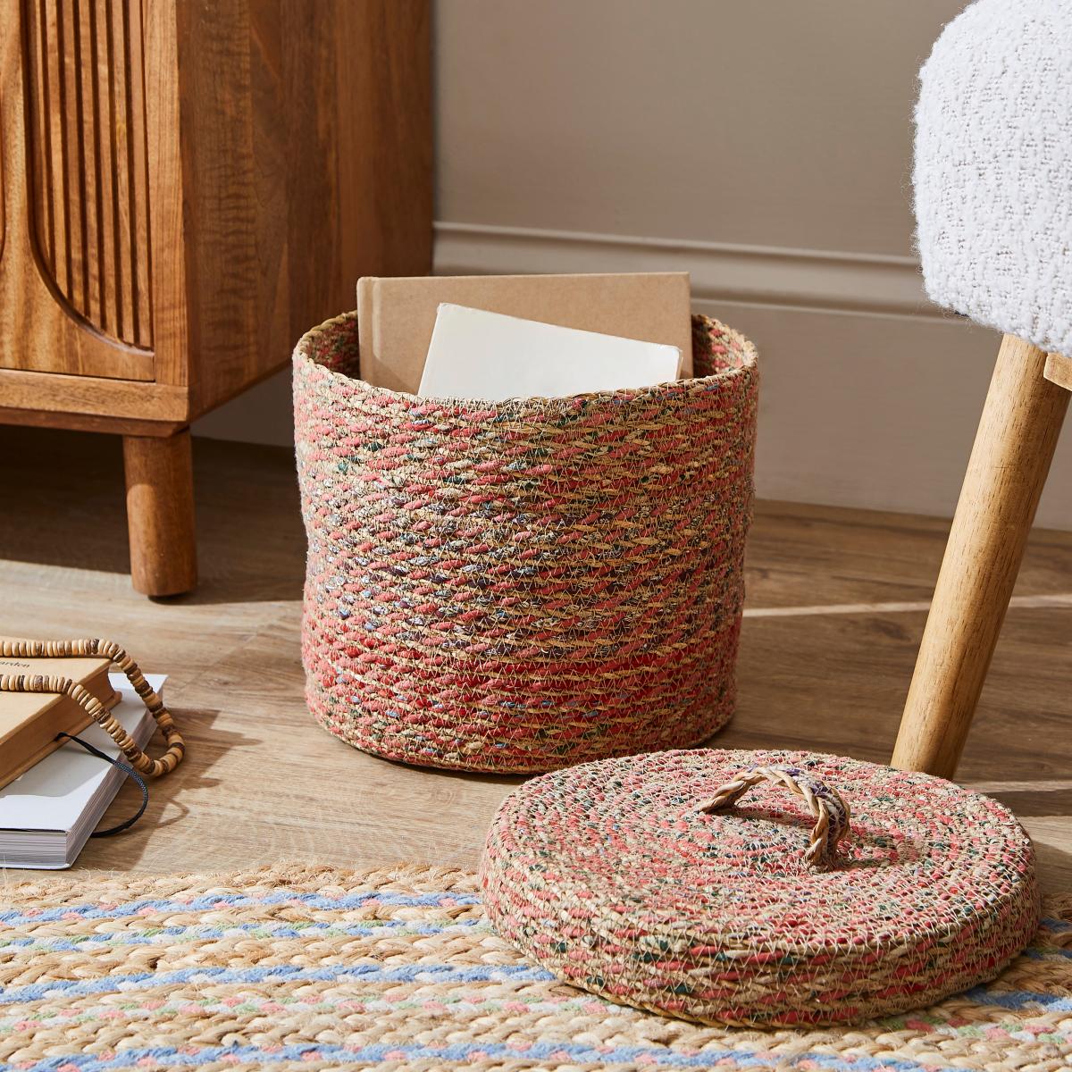 Small Multicoloured Seagrass Basket with Lid Multicoloured – image 2