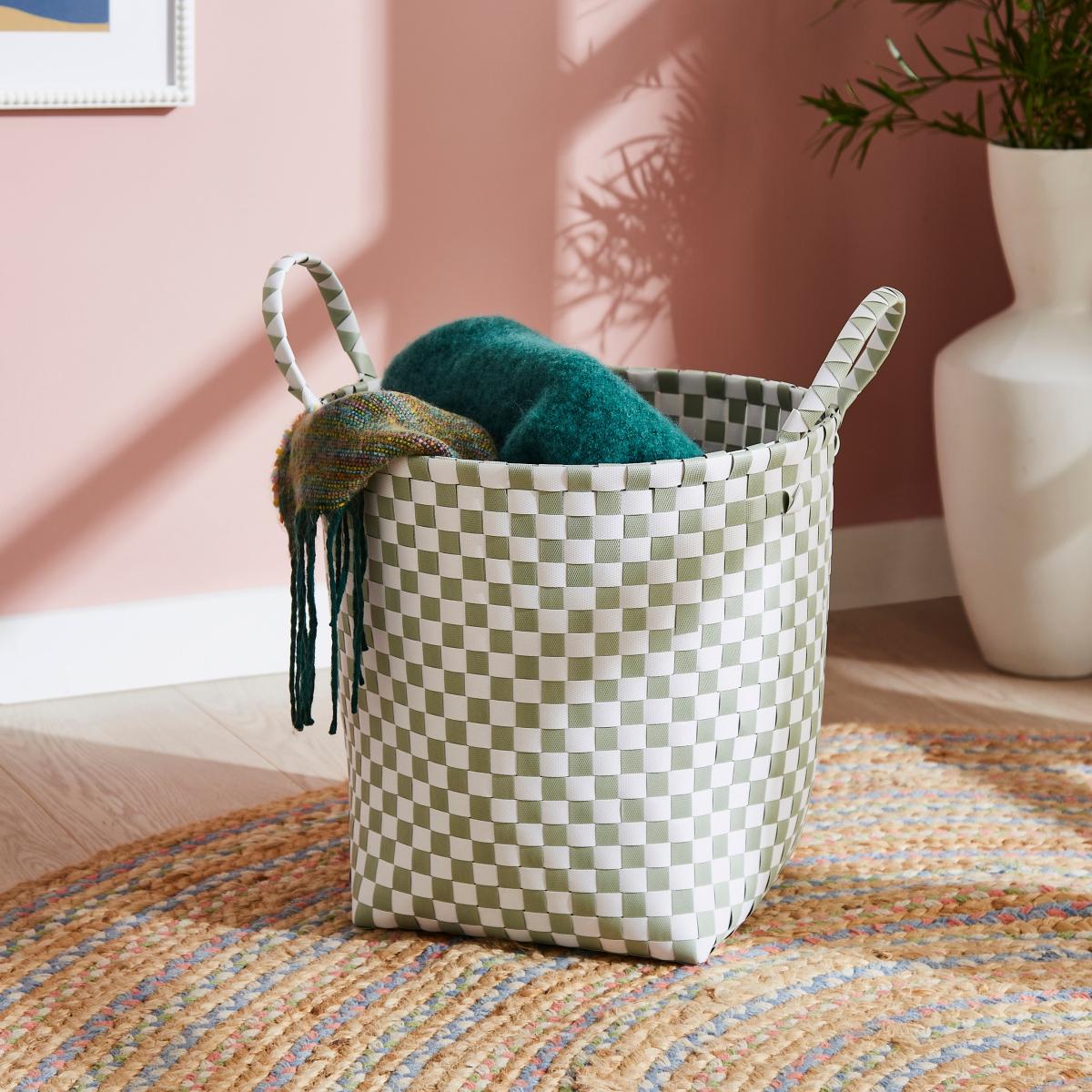 Checkered Plastic Storage Basket Sage – image 1