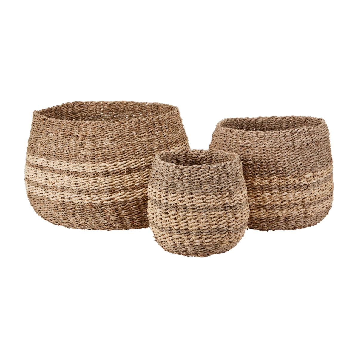 Set of 3 Woven Natural Seagrass & Palm 2-Toned Round Baskets Brown – image 3