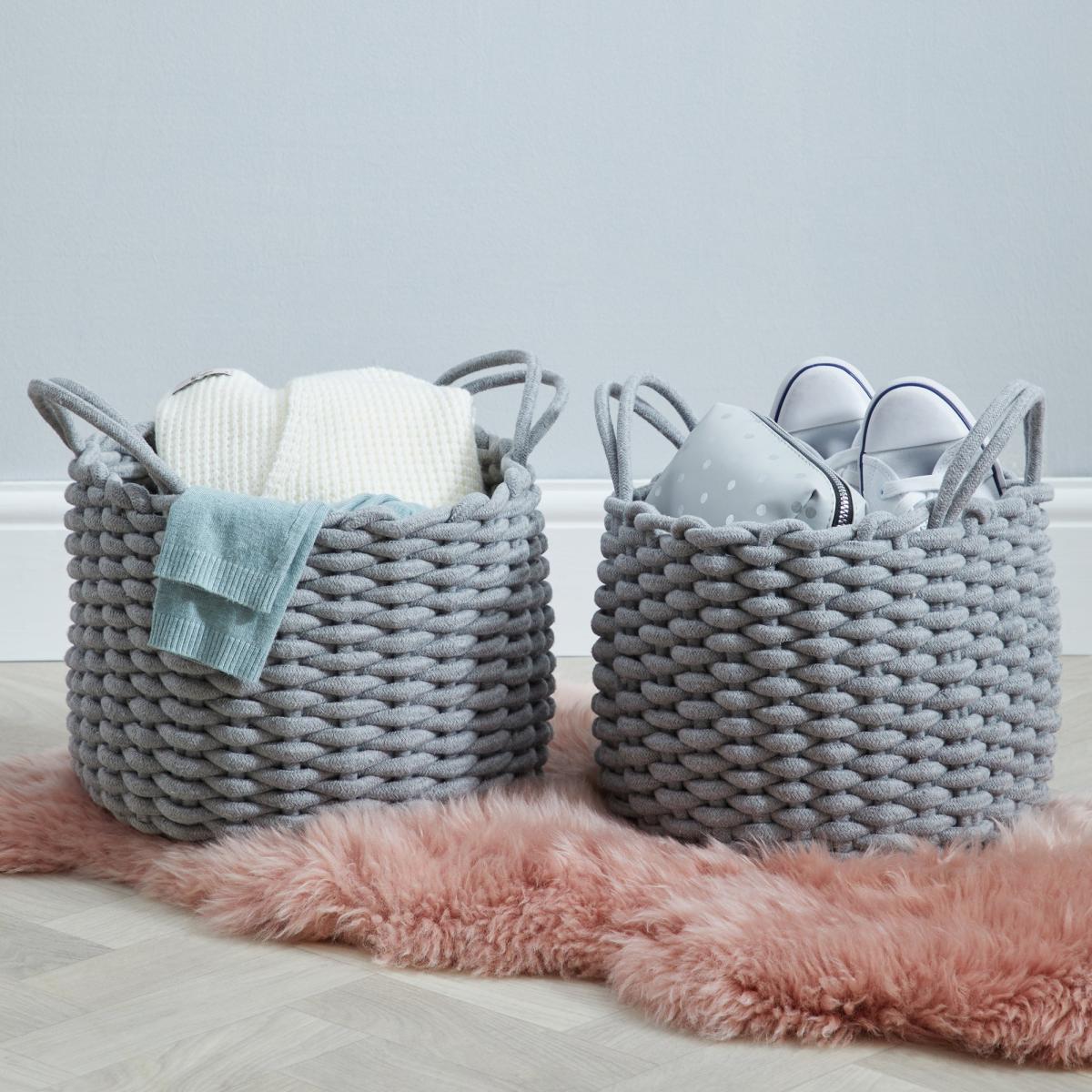 Set of 2 Round Knitted Grey Storage Baskets Grey – image 1