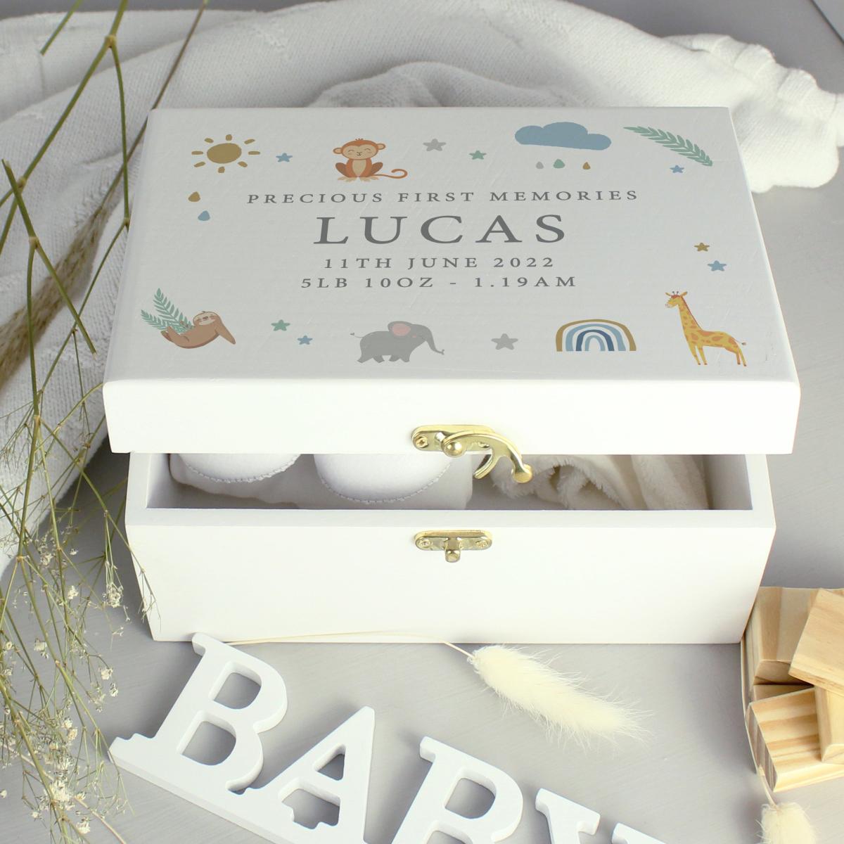 Personalised Safari Animals Wooden Keepsake Box White – image 2