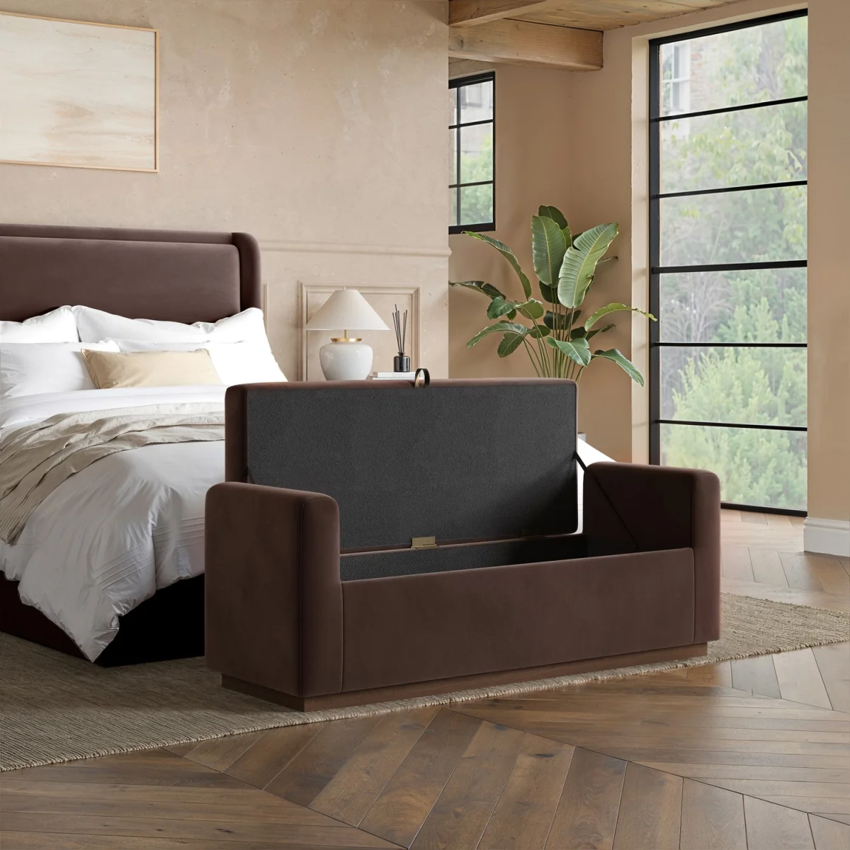 Chocolate Brown Velvet Ottoman Storage Blanket Box with Dark Wood Plinth - Fern – image 2