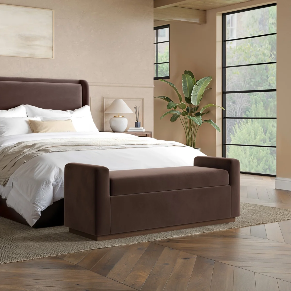 Chocolate Brown Velvet Ottoman Storage Blanket Box with Dark Wood Plinth - Fern – image 1