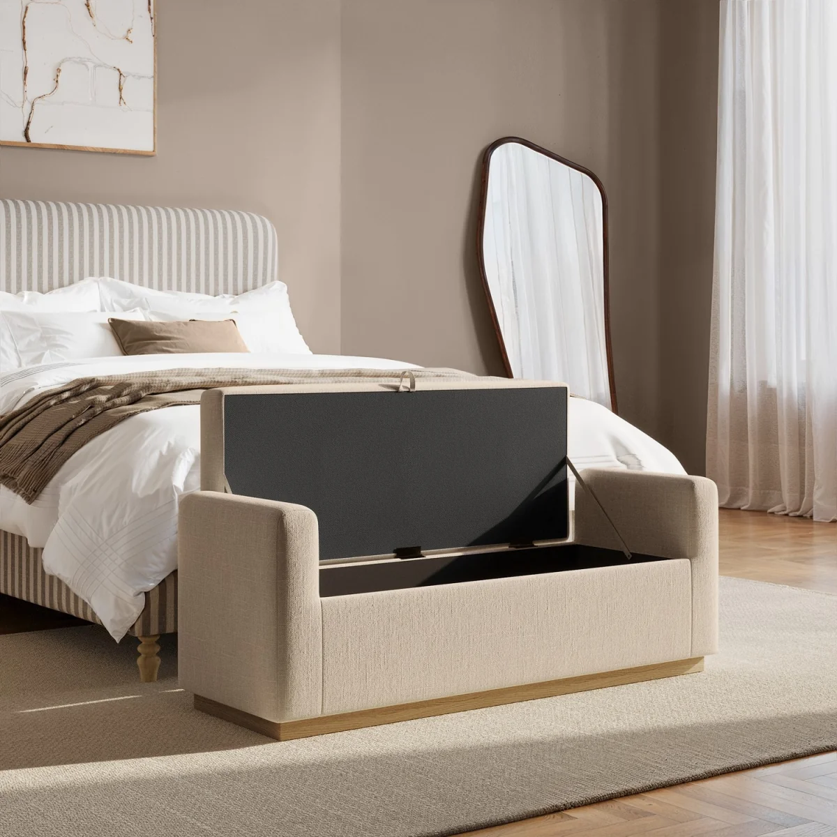 Beige Upholstered Ottoman Storage Blanket Box with Oak Wood Plinth - Fern – image 2