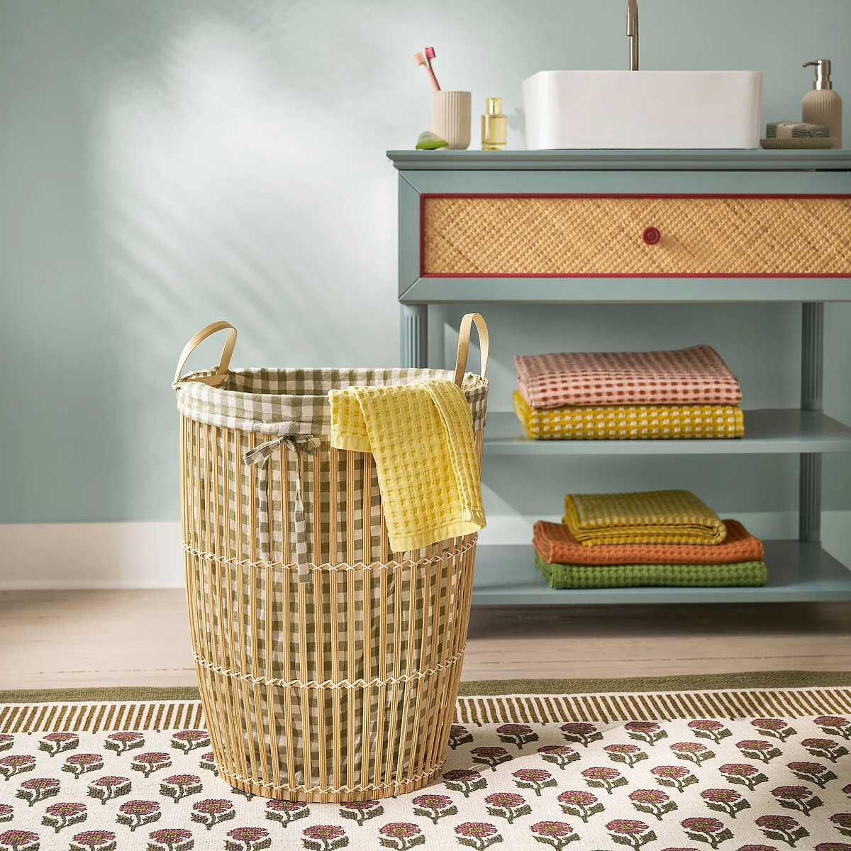 Monoa Gingham Print Lined Bamboo Laundry Basket – image 2