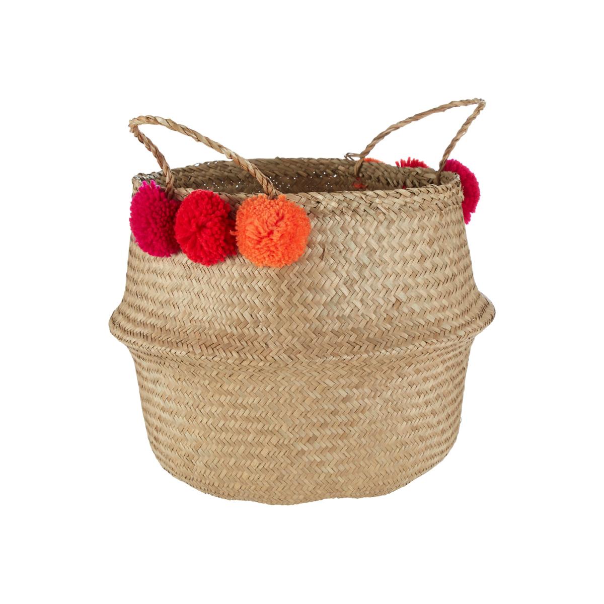Medium Seagrass Basket with Pom Poms – image 1